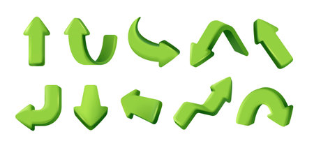 Set of 3D arrow icons. Plasticine style symbols with direction indicators and up, down, right and left pointing signs. Realistic vector illustration collectionのイラスト素材