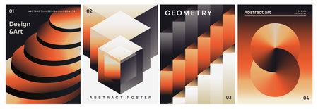 Abstract gradient posters set. Minimalistic covers or flyers with bright geometric shapes in 3D...