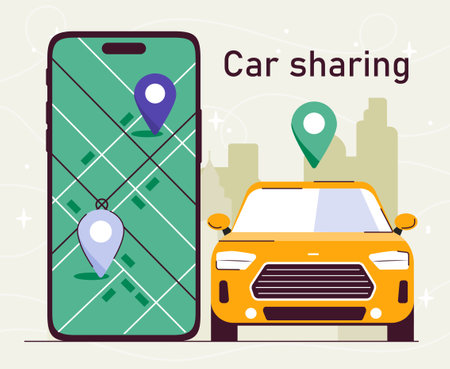 Car sharing service. Yellow car near huge smartphone with map. City infrastructure and transport system. Urban transportation. Travel and trip. Flat vector illustrationのイラスト素材