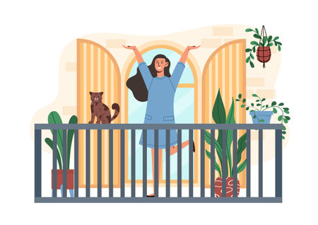 Woman rest at balcony. Young girl on balcony with cat and plants in flower pots. Comfort and coziness. Patio and veranda. Flat vector illustrationのイラスト素材