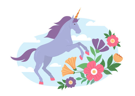 Unicorn with flowers. Violet horse with horn near flowers. Fairy tale and fictional character. Fantasy and imagination. Girlish dream. Flat vector illustrationのイラスト素材