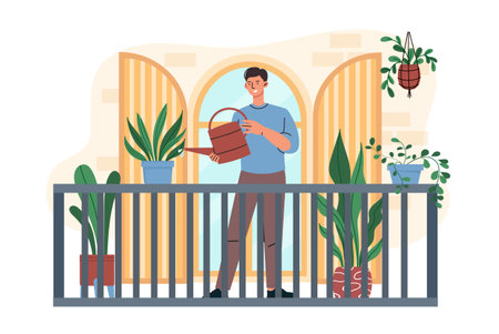 Man with balcony gardening. Young guy waters tropical leaves in flower pots. Horticulture and botany. Comfort and coziness at home. Flat vector illustrationのイラスト素材