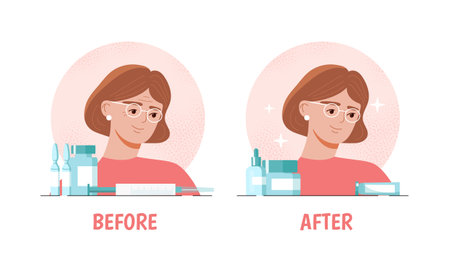 Old woman with beauty treatments. Woman with rejuvenation procedures. Fighting wrinkles and dark spots. Beauty and skincare. Flat vector illustrationのイラスト素材