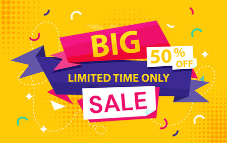 Big sale poster. Discounts and promotions, special limited offer. Voucher and coupon 50 percent sale. Flyer, booklet and brochure. Advertising and marketing. Flat vector illustrationのイラスト素材