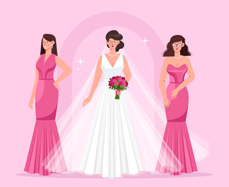 Bridesmaids with bride. Women in pink dresses near young girl with bouquet. Wedding and marriage ceremony. Newlywed and bride. Flat vector illustrationのイラスト素材