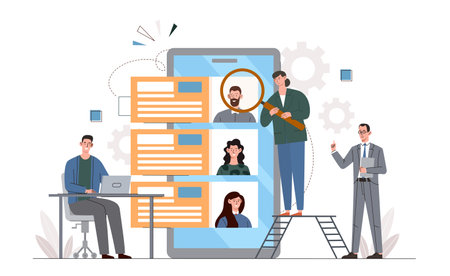 People with candidate search. Men and woman with magnifying glass evaluate job candidates. HR managers. Headhunting and recruitment. Flat vector illustrationのイラスト素材