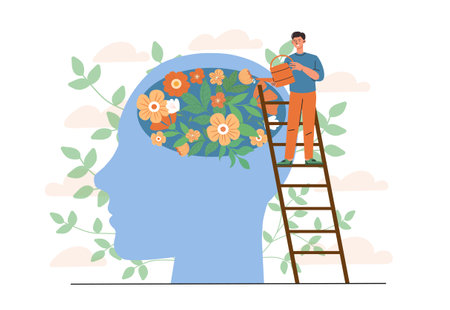 Man with mental health. Young guy near abstract silhouette of head with flowers. Awareness and mindfulness. Positive feelings and emotions. Wellbeing and wellness. Flat vector illustrationのイラスト素材