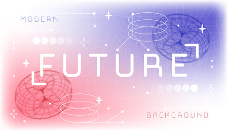 Modern future background. Geometric curved lines and grid. Metaverse and cyberspace. Futuristic volumetric figures. Poster or banner. Neon vector illustrationのイラスト素材
