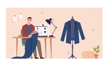Tailor in workshop. Man sewing fabric. Mannequin with jacket near sewing machine. Fashion designer in studio. Trend and style. Flat vector illustrationのイラスト素材