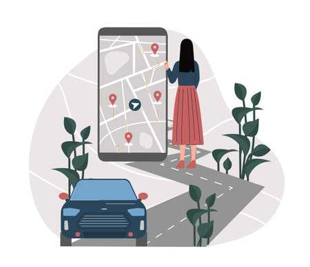 Woman orders taxi. Young girl with huge smartphone orders automobile. Navigation and geolocation, GPS. Urban infrastructure. Travel and tourism. Flat vector illustrationのイラスト素材