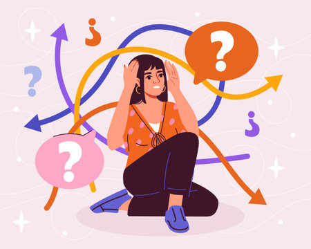 Woman with hard choice. Young girl near huge number of colorful arrows. Difficulties and obstacles. Pathway analysis. Dilemma and doubt. Person making decision. Flat vector illustrationのイラスト素材