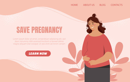 Save pregnancy poster. Woman with large belly. Self love and acceptance. Parenthood and motherhood, responsibility. Landing webpage design. Flat vector illustrationのイラスト素材