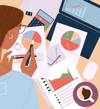 Business activity. Poster with female entrepreneur or office employee analyzing financial reports, statistics, graphs and charts. Top view of accountant workflow. Flat vector illustrationのイラスト素材