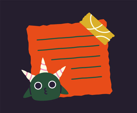 Fun notepad page. Green demon at orange page. School stationery and supply. Sheet of workbook. Notepaper and diary list. Flat vector illustrationのイラスト素材