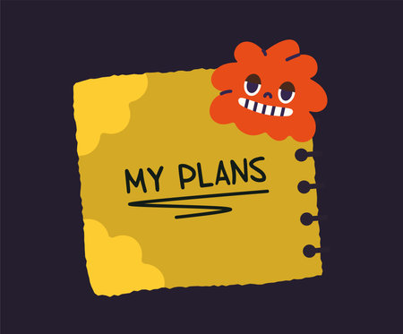 Fun notepad page. Red fictional character at yellow page. Diary or notepad cover with my plans inscription. Goals and tasks. Flat vector illustrationのイラスト素材