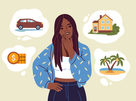 Woman dreaming lifestyle. Young girl thinks about money, car, apartment and vacation. Expenses and income management, financial literacy. Budgeting and accounting. Flat vector illustrationのイラスト素材