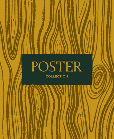 Wooden texture poster. Stylish retro flyer with realistic wood texture and annual rings. Stamp of tree trunk or dried planks surfaces. Flat hand drawn vector illustrationのイラスト素材