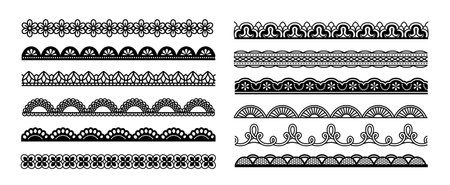 Scallop edge lace borders set. Black seamless patterns with dividers for frames or frill ribbons. Ornate lacework or trim decoration. Flat vector illustration collectionのイラスト素材