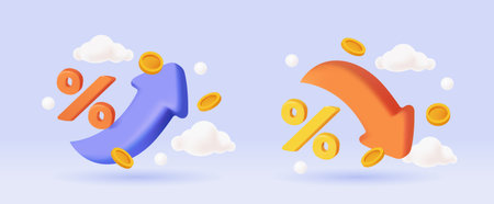 Percent arrow icon set. Set of advertising posters with percent sign, coins, up and down arrows. Price increase and decrease. Finance and Economics. 3D vector illustrationのイラスト素材