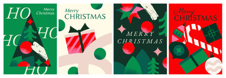 Merry Christmas Poster Set. Greeting cards with Christmas tree, gift box and decorations. New Year...