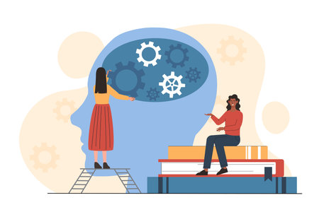 Women with logic. Young girls with stack of books and head silhouette with gears. Logical and...