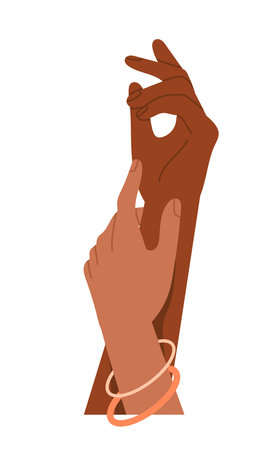 Diverse hands gestures. Palms of multiracial people gently touch each other. Symbol of love, romance, tenderness and relationships. Flat vector illustrationのイラスト素材