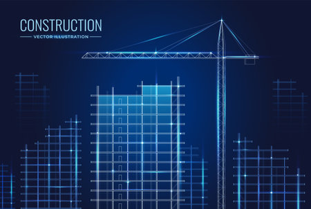 Digital construction site. Building project, 3D Printing, Modular Construction. Vector illustrationのイラスト素材