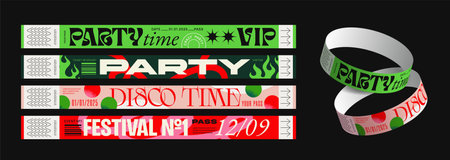 Vector illustration of colorful event wristbands for parties, festivals, VIP access. Green, red, and black designs with text like Party Time, Disco Time, Festival No.1. Perfect for event brandingのイラスト素材