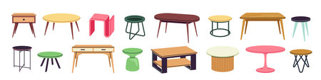 Vector illustration set of Scandinavian tables, stools, featuring modern, minimalist designs....