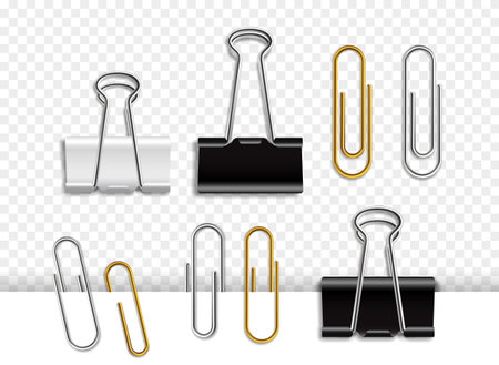 Vector illustration of office supplies, featuring binder clips and paper clips in black, silver, and gold colors. Realistic design with a transparent backgroundのイラスト素材
