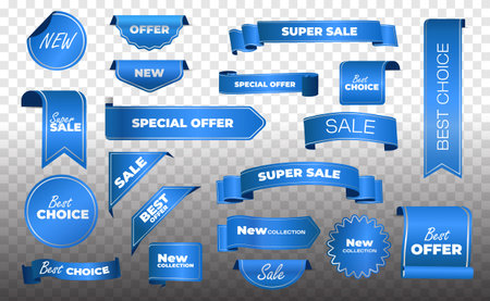 Set of sale tags. 3D price stickers or ribbons with inscriptions. Special offer, discount, best choice, order now. Cartoon realistic vector illustration collectionのイラスト素材