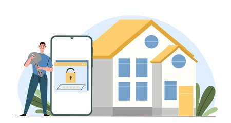 Man with home security. Young guy with key near house. Modern technologies and innovations. Protection of real estate and private property. Flat vector illustrationのイラスト素材