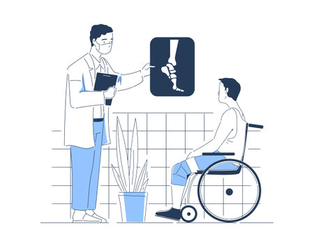 Radiograph with patient. Man shows Xray to young guy in wheelchair. Traumatologist treats broken leg. Diagnosis and treatment. Healthcare and medicine. Linear vector illustrationのイラスト素材