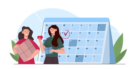 People with calendar birthday. Women near calendar with red mark. Holiday planning. Event and party. Celebration and festival. Flat vector illustrationのイラスト素材