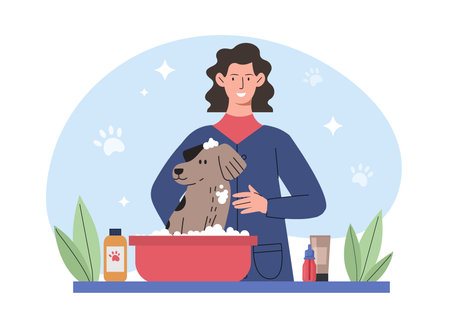 Woman wash dog. Young girl washes puppy in basin with soapy water. Cleanliness and hygiene. Owner takes care of pet. Flat vector illustrationのイラスト素材