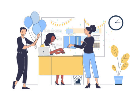 Work annivesary concept. Women with balloon and gift box congratulating colleague. Holiday and festival, party and event. Linear vector illustrationのイラスト素材