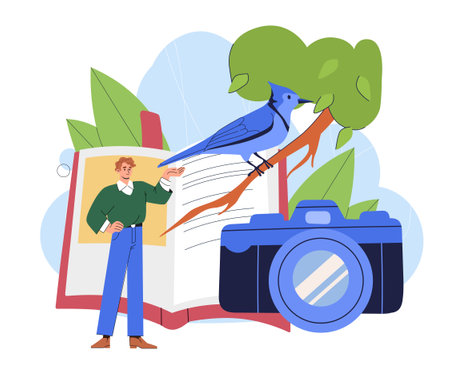 Study of birds. Man near huge book, camera and blue bird. Ornithologist explores tropical fauna and wild life. Biology and zoology. Flat vector illustrationのイラスト素材