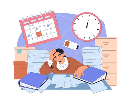 Overworked woman concept. Tired young girl sitting at workplace. Deadline pressure and ineffective workflow organization. Chaos at desk. Frustration and depression. Flat vector illustrationのイラスト素材