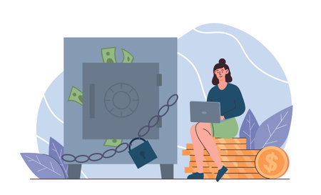 Woman near storage bank. Woman with laptop sitting on stack of coins near safe. Wealth and finance, security. Storage for money. Flat vector illustrationのイラスト素材