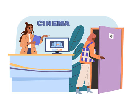 Cinema ticket office. Woman sells cinema tickets. Cultural recreation and leisure. Premiere and concert. Entrance to hall. Flat vector illustrationのイラスト素材