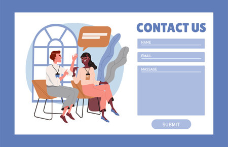 People with contact us form. Couple sitting and talking. Answers to frequently asked questions. Communication on internet. Poster or banner for website. Flat vector illustrationのイラスト素材