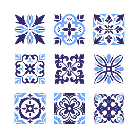 Set of antique tile patterns. Vintage floral ornate ornaments in baroque style. Traditional blue azulejo designs with plant silhouettes. Flat vector illustration collectionのイラスト素材