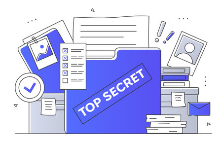 Vector illustration of Top Secret file folder surrounded by documents, ID badge, checklist, envelope, books. Clean, modern design with blue and gray tones, perfect for confidentiality conceptsのイラスト素材