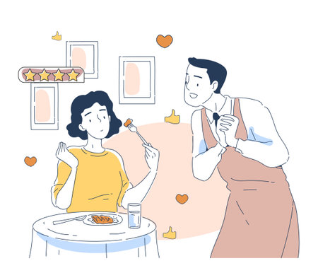 Vector illustration of a satisfied restaurant customer enjoying a meal while a waiter looks attentive. Includes a five-star rating, hearts, and thumbs-up symbols. Concept of excellent service.のイラスト素材