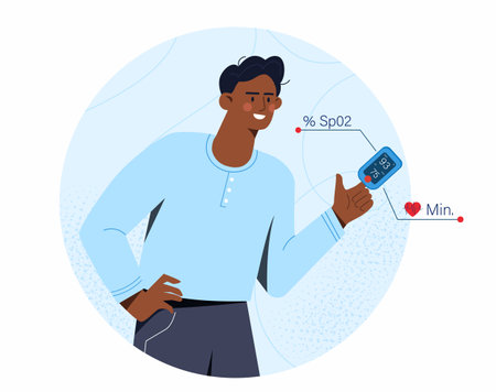 Vector illustration of a smiling man holding a pulse oximeter, showing SpO2 and heart rate measurements. Concept of health monitoring, wellness and medical technologyのイラスト素材