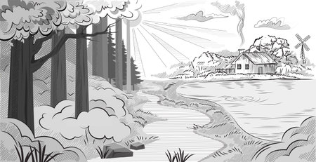A monochrome vector illustration of a rural landscape with a house, windmill, forest, river, and sunlight. Concept of countryside, nature, simplicity, peaceful livingのイラスト素材