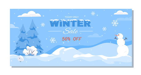 A vector illustration of a winter sale banner featuring a snowy landscape with pine trees, snowman, snowflakes and text offering 50 off. Concept of seasonal shopping and promotionsのイラスト素材