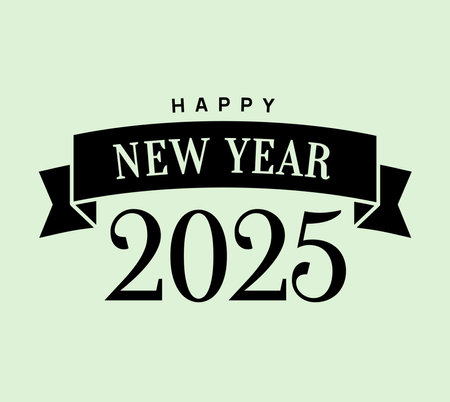 Classic vector illustration of Happy New Year 2025 with bold typography and ribbon design. Perfect for holiday cards, banners, festive greeting projectsのイラスト素材