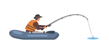 Flat vector illustration of a fisherman in a boat catching fish on a fishing rod. Outdoor activity, calm water, fishing lifestyle concept, perfect for nature and hobby designsのイラスト素材