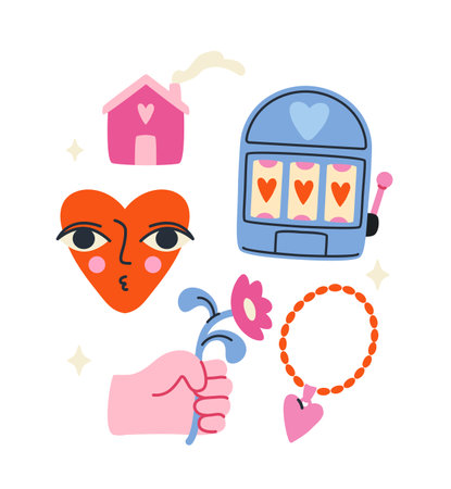 Playful vector sticker set featuring a house, heart face, slot machine, bracelet, and hand holding a flower. Ideal for creative designs, decoration, and craftsのイラスト素材